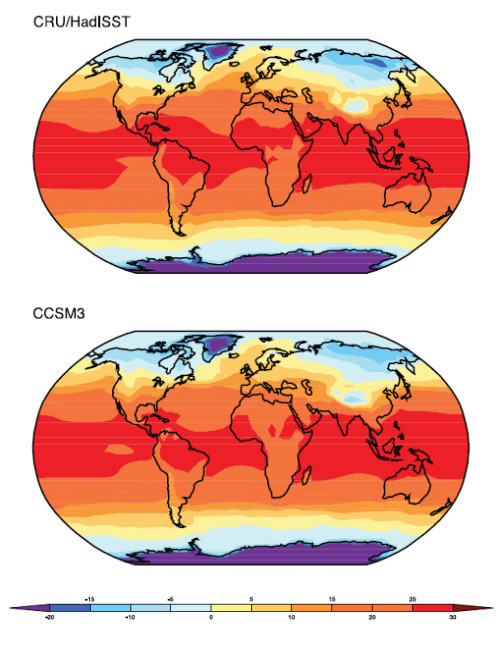 CCSM3 Annual Land & Sea Temperature Actual (top) vs Model (bottom)