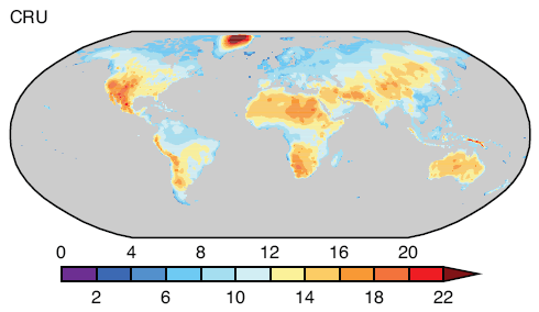 Annual average of diurnal temperature range over land