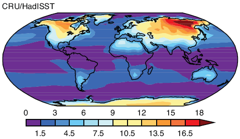 Standard Deviation of Temperature over the climatological monthly mean annual cycle