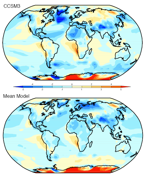 Annual Temperatures - Simulated minus observed for CCSM3 and the ensemble