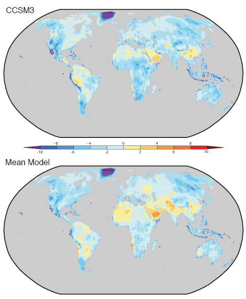 Diurnal temperature range over land - Actual less Model for CCSM3 and ensemble