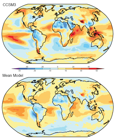 Reflected Solar Radiation - Actual less Model for CCSM3 and ensemble