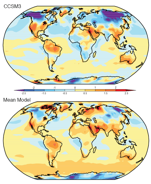 Std Deviation of Temperature - Simulated minus observed for CCSM3 and the ensemble